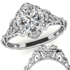 Antique Scroll Halo Round Moissanite Engagement Ring