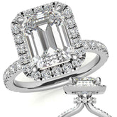 Emerald / Radiant Halo Moissanite Engagement Ring with Hidden Collar