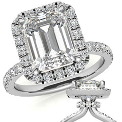 Emerald / Radiant Halo Moissanite Engagement Ring with Hidden Collar