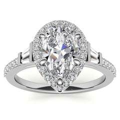 Pear Moissanite & Baguette Diamond Halo Engaement Ring