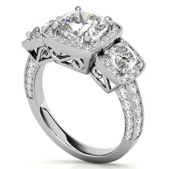 Cushion Moissanite 3-Stone Halo Engagement Ring with Milgrain Accent
