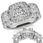 Cushion Moissanite 3-Stone Halo Engagement Ring with Milgrain Accent