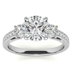 Round Brilliant Moissanite Three-Stone Scroll Accent Engagement Ring