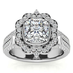 Cushion Antique Moissanite Halo Engagement Ring with Milgrain Accent