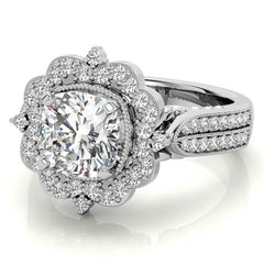 Cushion Antique Moissanite Halo Engagement Ring with Milgrain Accent