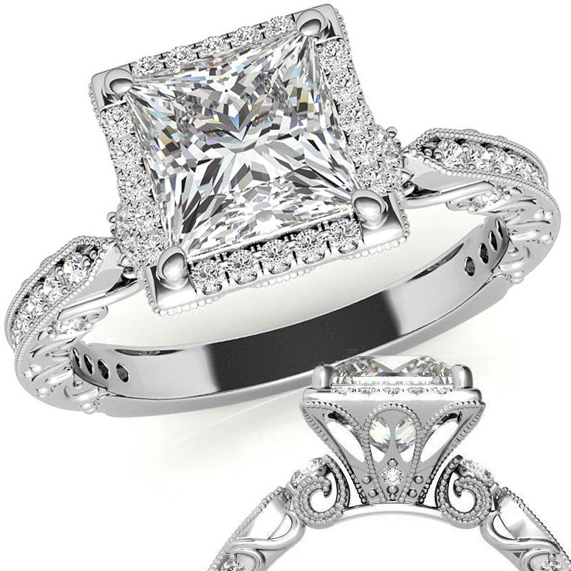 Princess cut Moissanite Antique Scroll Halo Engagement Ring with Milgrain