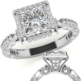 Princess cut Moissanite Antique Scroll Halo Engagement Ring with Milgrain