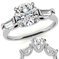 Round and Baguette Scroll Accent Moissanite Engagement Ring