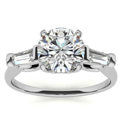 Round and Baguette Scroll Accent Moissanite Engagement Ring