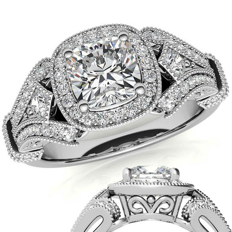 Antique Halo Cushion Moissanite Engagement Ring
