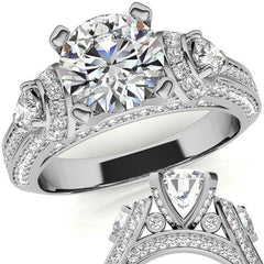 Round and Pear Moissanite 3-Stone Ornate Engagement Ring