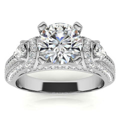 Round and Pear Moissanite 3-Stone Ornate Engagement Ring