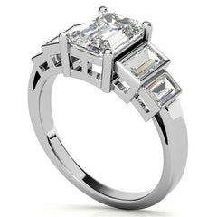 Unique Emerald / Radiant and Baguette Moissanite Bezel Engagement Ring