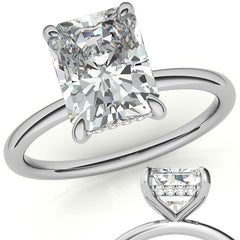 Emerald/Radiant Moissanite Solitaire Ring with Hidden Halo and Plain Band