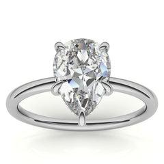 Pear Moissanite Solitaire Ring with Hidden Halo and Plain Band