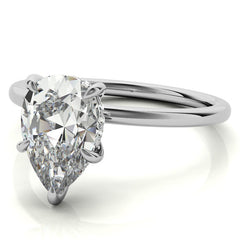 Pear Moissanite Solitaire Ring with Hidden Halo and Plain Band