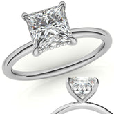 Princess Moissanite Solitaire Ring with Hidden Halo and Plain Band