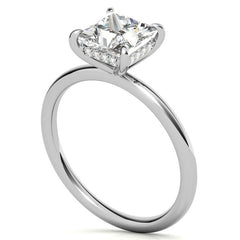 Princess Moissanite Solitaire Ring with Hidden Halo and Plain Band