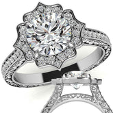 Round Floral Halo Antique Engraved Engagement Ring