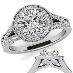 Round Split Shank Halo Engagement Ring with Milgrain