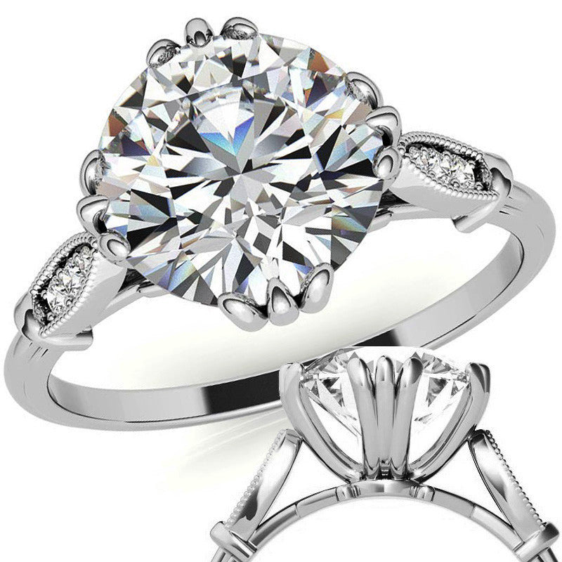 Antique Round Fishtail Prong Moissanite Engagement Ring