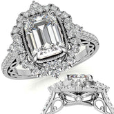 Ornate Emerald / Radiant Moissanite Graduated Halo Engagement Ring