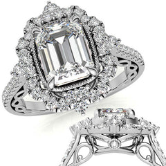 Ornate Emerald / Radiant Moissanite Graduated Halo Engagement Ring