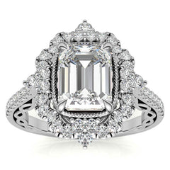 Ornate Emerald / Radiant Moissanite Graduated Halo Engagement Ring