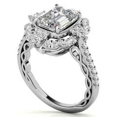 Ornate Emerald / Radiant Moissanite Graduated Halo Engagement Ring