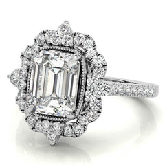 Ornate Emerald / Radiant Moissanite Graduated Halo Engagement Ring