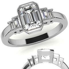 Emerald / Radiant and Baguette Bezel Moissanite Engagement Ring