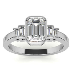 Emerald / Radiant and Baguette Bezel Moissanite Engagement Ring
