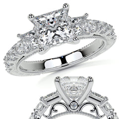 Princess cut Moissanite Scroll Accented Engagement Ring with Surprise
