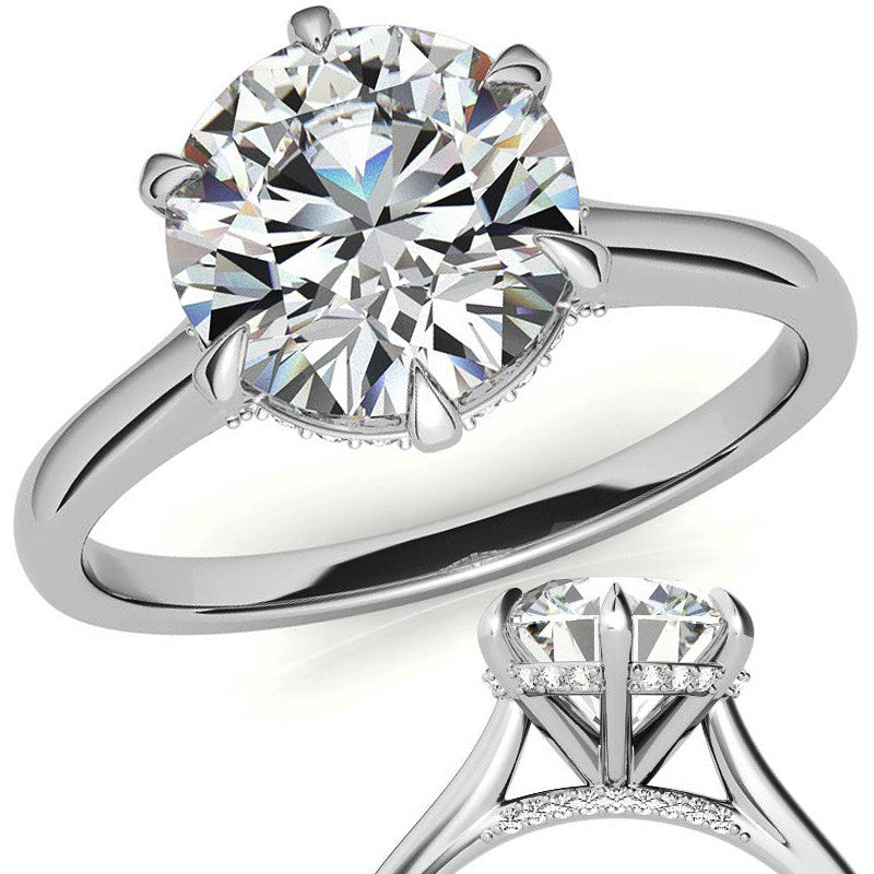 Round Brilliant Moissanite 6-Prong Cathedral Engagement Ring with Hidden Halo