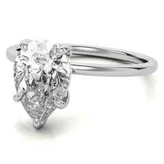 Pear Moissanite Solitaire Ring with Hidden Halo and Plain Band