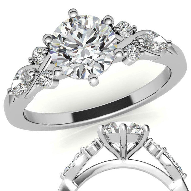 Round and Marquise Cathedral Moissanite Engagement Ring