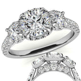 Round 3-Stone Halo Moissanite Engagement Ring with Milgrain