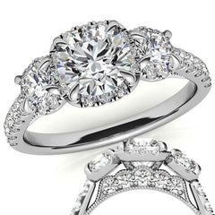 Round 3-Stone Halo Moissanite Engagement Ring with Milgrain