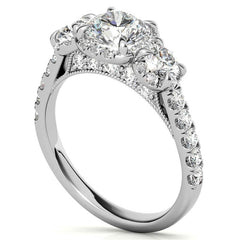 Round 3-Stone Halo Moissanite Engagement Ring with Milgrain
