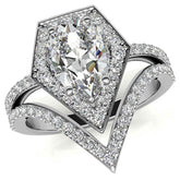 Unique Geometric Split Shank Pear Cut Halo Moissanite Engagement Ring