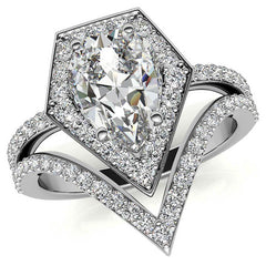 Unique Geometric Split Shank Pear Cut Halo Moissanite Engagement Ring