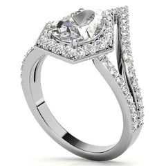 Unique Geometric Split Shank Pear Cut Halo Moissanite Engagement Ring