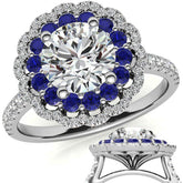 Round Halo Cathedral Moissanite Engagement Ring with Gemstone Accents