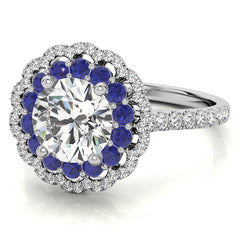 Round Halo Cathedral Moissanite Engagement Ring with Gemstone Accents