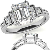Unique Emerald / Radiant Moissanite Engagement Ring with Milgrain