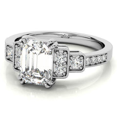 Unique Emerald / Radiant Moissanite Engagement Ring with Milgrain
