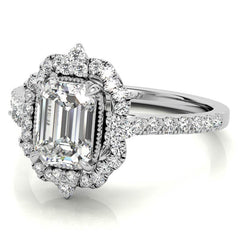 Emerald / Radiant Antique Halo Style Moissanite Engagement Ring