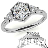 Round and Trillion Moissanite Hexagon Halo Engagement Ring