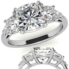 Cushion and Trapezoid Moissanite 3-Stone Engagement Ring