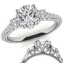 Round 3-Stone Scroll Design Moissanite Engagement Ring with Milgrain